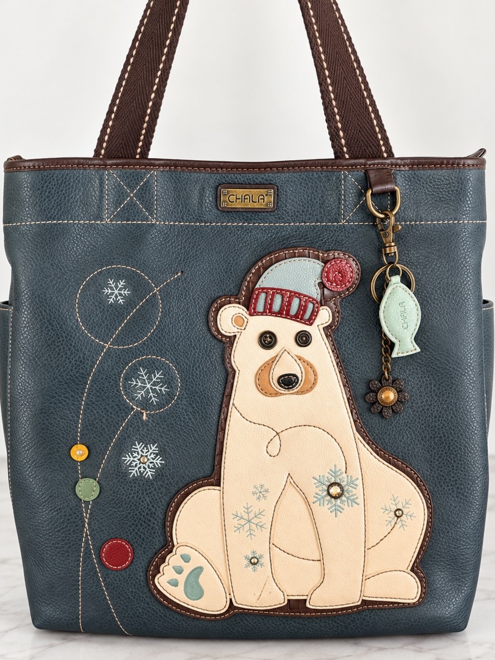 Chala Teal and Cream Bear Applique Tote